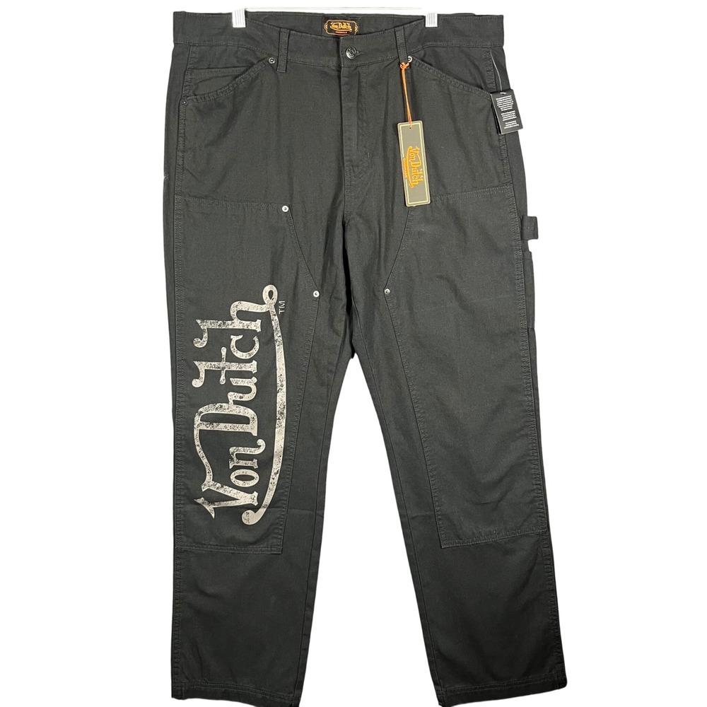 Von Dutch Carpenter Pants Mens 38 Black Double Knee Flying Eyeball Logo NWT